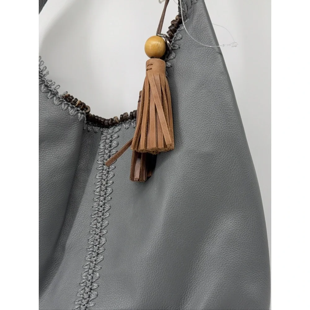 The Sak Huntley Hobo Bag Gray Leather Medium Western Crochet Tassel Read